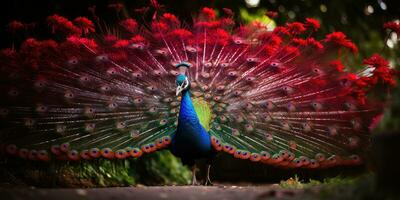 A beautiful peacock showing off its beautiful feathers, AI Generative photo