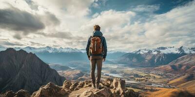 Man traveler on mountain summit enjoying nature Generative AI photo