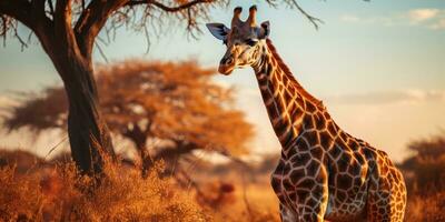 A majestic giraffe standing tall against the backdrop of the African savannah, AI Generative photo