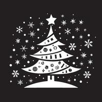 White Christmas tree on Black background. Fir tree watercolor image. vector