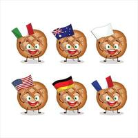 Round dark bread cartoon character bring the flags of various countries vector