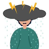 A gray thundercloud hangs over the sad young man, from which rain pours and lightning flashes. Mental health depression. vector