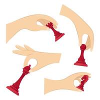 Set of vector illustrations of hands with chess on a white background. Chess pieces in hands in flat style. Human hands holding chess