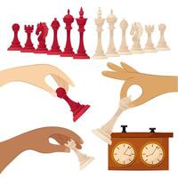 Set of vector illustrations of chess in flat style on a white background. Chess pieces in human rocs.