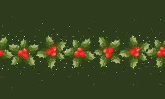 Seamless Christmas vector holiday border, frame. Xmas nature design border poinsettia on dark green background. Red holly berry. New Year's symbols. For celebration banners, headers, posters.