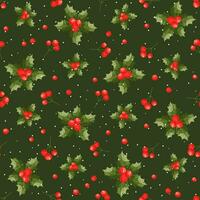 New Year's symbols - berries holly. Seamless vector pattern. Leaves, red berries, graceful snowflakes on a dark green backdrop. Good for fabric, wallpaper, packaging, textile, web design.