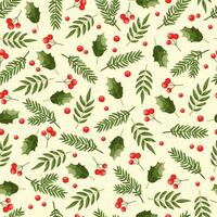 New Year's symbols - branches of Christmas tree, pine, cedar, berries holly. Elegant seamless pattern on a light background. Great for Christmas wrapping paper, packaging, textile. Festive concept. vector