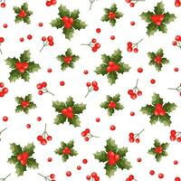 New Year's symbols. Elegant seamless pattern with winter flowers and plants with berries Leaves, red berries, on a white backdrop. Good for fabric, wallpaper, packaging, textile, web design. vector