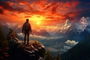 Hiker with backpack on the edge of a cliff in the mountains at sunset, Magical Fantasy Adventure Composite of Man Hiking on top of a rocky mountain peak. Background Landscape from, AI Generated photo