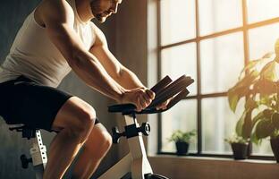Cropped image of young man working out on exercise bike at gym, Woman on a fitness exercise bike indoors, top section cropped, AI Generated photo