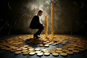 Businessman climbing on a pile of golden coins over dark background, Man puting golden coins on a board representing multiple streams of income, AI Generated photo