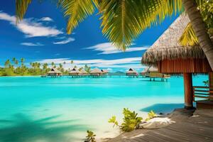 tropical playa en Maldivas con pocos palma arboles y azul laguna, lujo sobre el agua villas con Coco palma árboles, azul laguna, blanco arenoso playa a bora bora isla, tahití, francés, ai generado foto