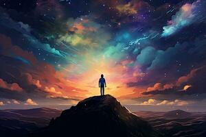 Man standing on the top of a mountain and looking to the starry sky, man standing on the hill looking at the colorful night sky, digital art style, AI Generated photo