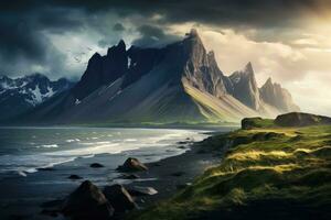 Fantasy landscape with mountains and fjord. 3d rendering, Majestic summer scene of Stokksnes headland with Vestrahorn Batman Mountain on background, AI Generated photo