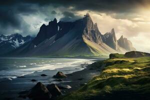 fantasía paisaje con montañas y fiordo. 3d representación, majestuoso verano escena de Stokksnes promontorio con vestrahorn hombre murciélago montaña en fondo, ai generado foto