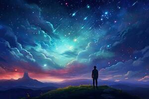 Man standing on the top of the mountain and looking at the starry sky, man standing on the hill looking at the colorful night sky, digital art style, AI Generated photo