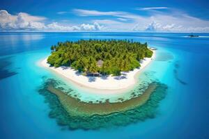 tropical isla en Maldivas a verano día. aéreo vista, Maldivas islas tropical, ai generado foto