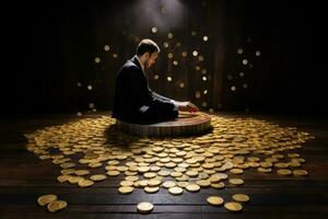 Businessman sitting on a pile of gold coins and looking at the spotlight, Man puting golden coins on a board representing multiple streams of income, AI Generated photo