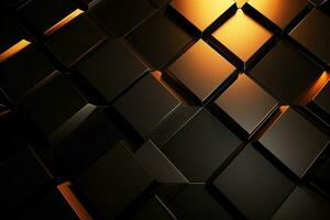 Abstract black and gold cubes background. 3d render illustration. High resolution image, Luxury hexagonal abstract black metal background with golden light lines, AI Generated photo