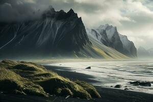 Beautiful landscape of Vestrahorn mountain in Iceland, Europe, Majestic summer scene of Stokksnes headland with Vestrahorn Batman Mountain on background, AI Generated photo