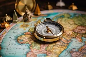 Compass on the background of the world map. Travel concept, Magnetic compass on world map.Travel, geography, navigation, tourism and exploration concept, AI Generated photo