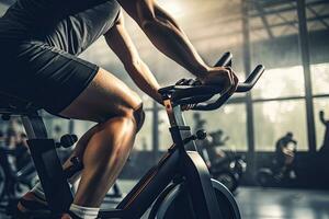 recortado imagen de joven hombre ciclismo en ejercicio bicicleta en gimnasia, mujer en un aptitud ejercicio bicicleta adentro, parte superior sección recortado, ai generado foto