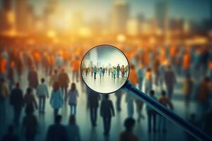 Magnifying glass over crowd of people in the city. 3D rendering, Magnifying glass over crowd of people. Business and teamwork concept, AI Generated photo