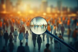 Magnifying glass over crowd of people in the city. 3D rendering, Magnifying glass over crowd of people. Business and teamwork concept, AI Generated photo