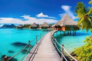 Wooden bridge leading to tropical beach with water bungalows at Maldives, Luxury travel vacation destination panoramic banner. Romantic honeymoon getaway in overwater bungalows villas, AI Generated photo