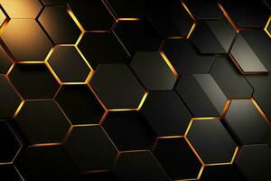 Abstract black and golden hexagon background. 3d render illustration, Luxury hexagonal abstract black metal background with golden light lines, AI Generated photo