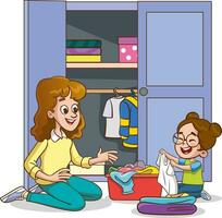 vector illustration Of Cute children putting their clothes in the wardrobe with their mother