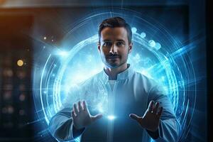 Innovative technologies in science and medicine. Portrait of young man in white coat looking at camera and smiling while standing against futuristic background, Man on blurred, AI Generated photo