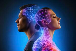 Digital composite of Double exposure of man and woman with brain against blue background, Man and woman with joint pain in their heads, conceptual image, hologram , AI Generated photo