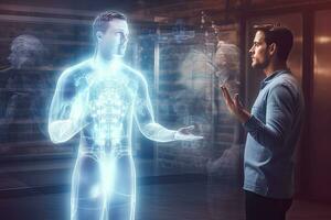 Side view of handsome young businessman looking at x-ray hologram. Toned image, Man on blurred background using digital medical holographic projection 3D rendering, AI Generated photo