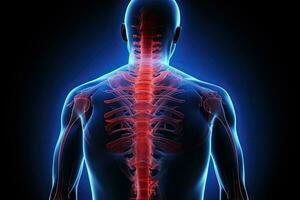3d ilustración de masculino sensación el espalda dolor - bíceps, masculino herir columna vertebral vértebras dolor, 3d, ai generado foto