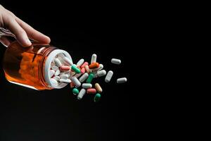 Pills spilling out of pill bottle on black background with copy space, Macro shot of pills being poured into a hand from a prescription bottle, AI Generated photo