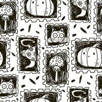 Pattern of stamp badges, a stamp in black and white. Autumn, Halloween vector design concept logo collection. Seamless texture with hand-drawn stamps as a marker. Autumn items in a dashed style Sketch