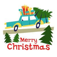 large car with a Christmas tree and gifts for Christmas and New Year. A postcard for printing on a holiday. Geometric vector illustration on a white background with Christmas trees. Children's topics