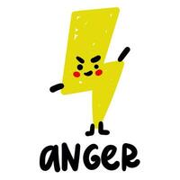 Color vector illustration of aggression, bright evil lightning in the style of doodles and sketches. An element of lightning with human emotions and branded stress in the interpretation of the child