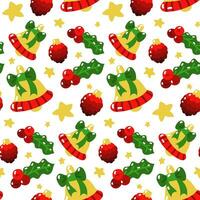 Seamless pattern for Christmas and New Year's events. Illustrations of mistletoe, bell, Christmas tree toy cone on a white background with stars. Use as packaging, printing on textiles. Children's vector