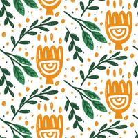 Colorful illustration of a seamless floral pattern. Background with floral doodles in children's style, funny wallpaper with basic forms of nature. abstract shapes of flowers and leaves. yellow vector