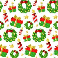 Seamless pattern for Christmas and New Year's events. Illustrations of a Christmas wreath, gift boxes, candles on a white background with stars. Use as packaging, printing on textiles. Children's vector