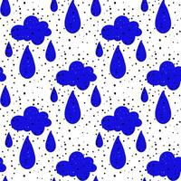Vector color seamless pattern with hand-drawn strokes of blue clouds with raindrops on a white background. Black noise. Hatching. Handmade work. The texture is colored with markers. children's bedroom
