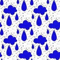 Vector color seamless pattern with hand-drawn strokes of blue clouds with raindrops on a white background. Black noise. Hatching. Handmade work. The texture is colored with markers. children's bedroom