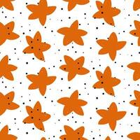 Vector color seamless pattern with hand-drawn strokes of orange stars on a white background. Black noise. Hatching. Handmade work. The texture is colored with markers. Children's motif, textiles