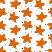 Vector color seamless pattern with hand-drawn strokes of orange stars on a white background. Black noise. Hatching. Handmade work. The texture is colored with markers. Children's motif, textiles