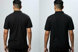 Front and back view of a man wearing blank black polo t-shirt mockup, Male model wearing a simple black polo shirt on a white background, top section cropped, front view and back view, AI Generated photo