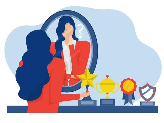 imposter syndrome, businesswoman looking shadow himself through mirror for Anxiety and lack of self confidence at work vector