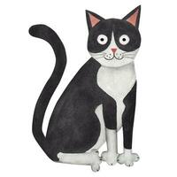 Black and white cat, funny cat. Watercolor illustration vector