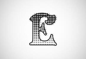 Letter E logo in halftone dots style, Dotted shape logotype vector design.